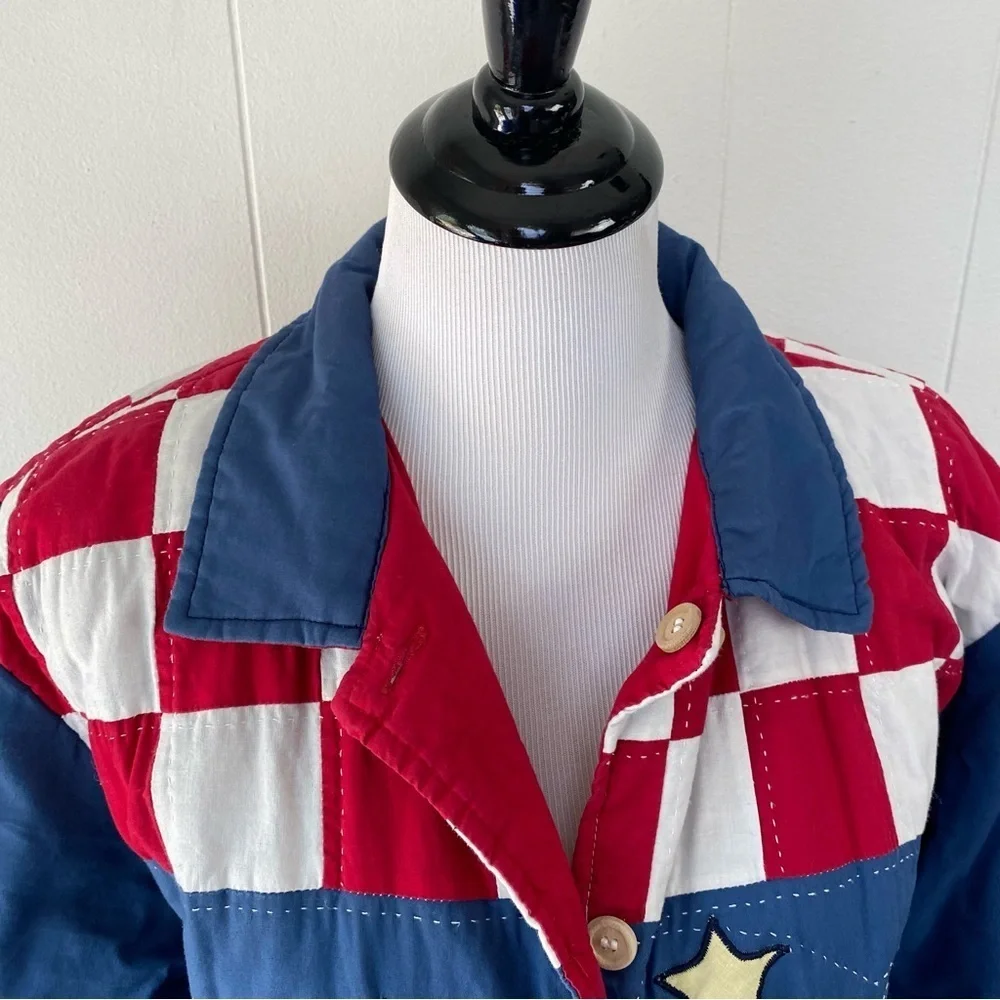 Women's M Americana Patchwork Cabin Sky Quilted  Reversible Button Jacket Red